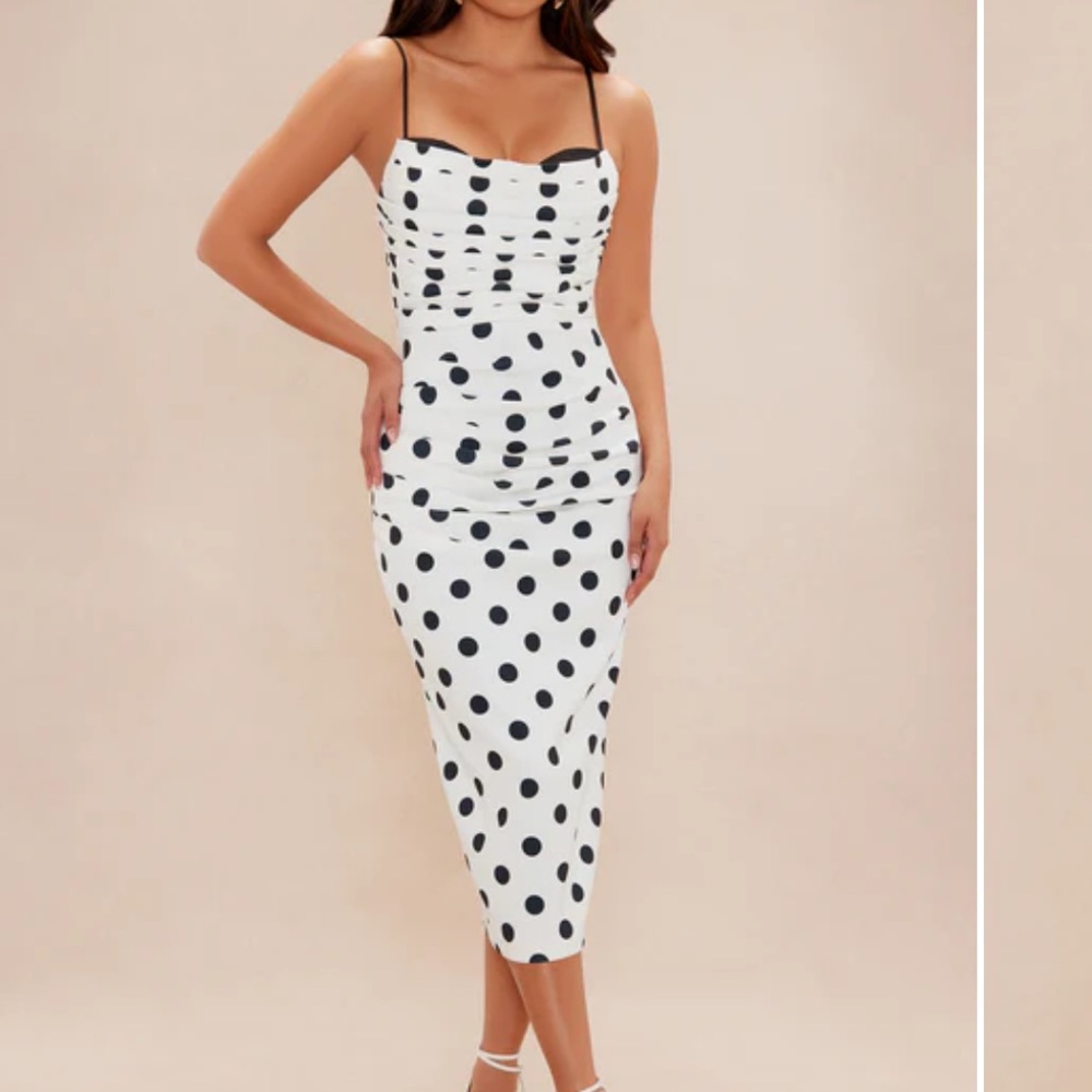 Fashion Nova Polla Dot Midi Black Tie Formal Cocktail Dress Spaghetti Strap